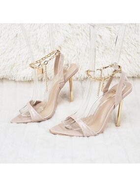 Lock Chain Strap High Heels Metal Toe Tip Nude